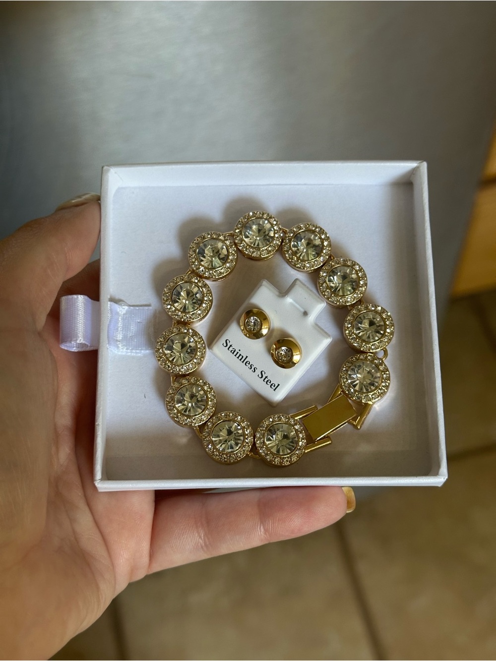 Gold Crystal Circle Bracelet with Matching Gold Stud Earrings